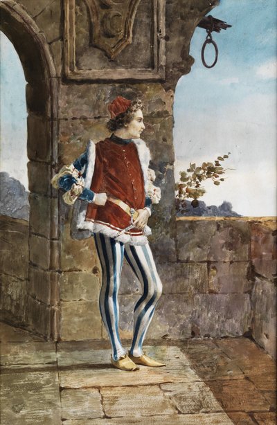 Courtly Youth in Medieval Costume at an Archway with a View into the Landscape by Belisario Gioja